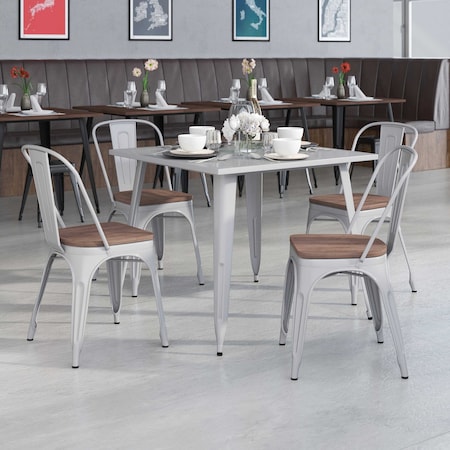 Flash Furniture Silver Metal Stackable Chair with Wood Seat, PK4 4-CH-31230-SIL-WD-GG